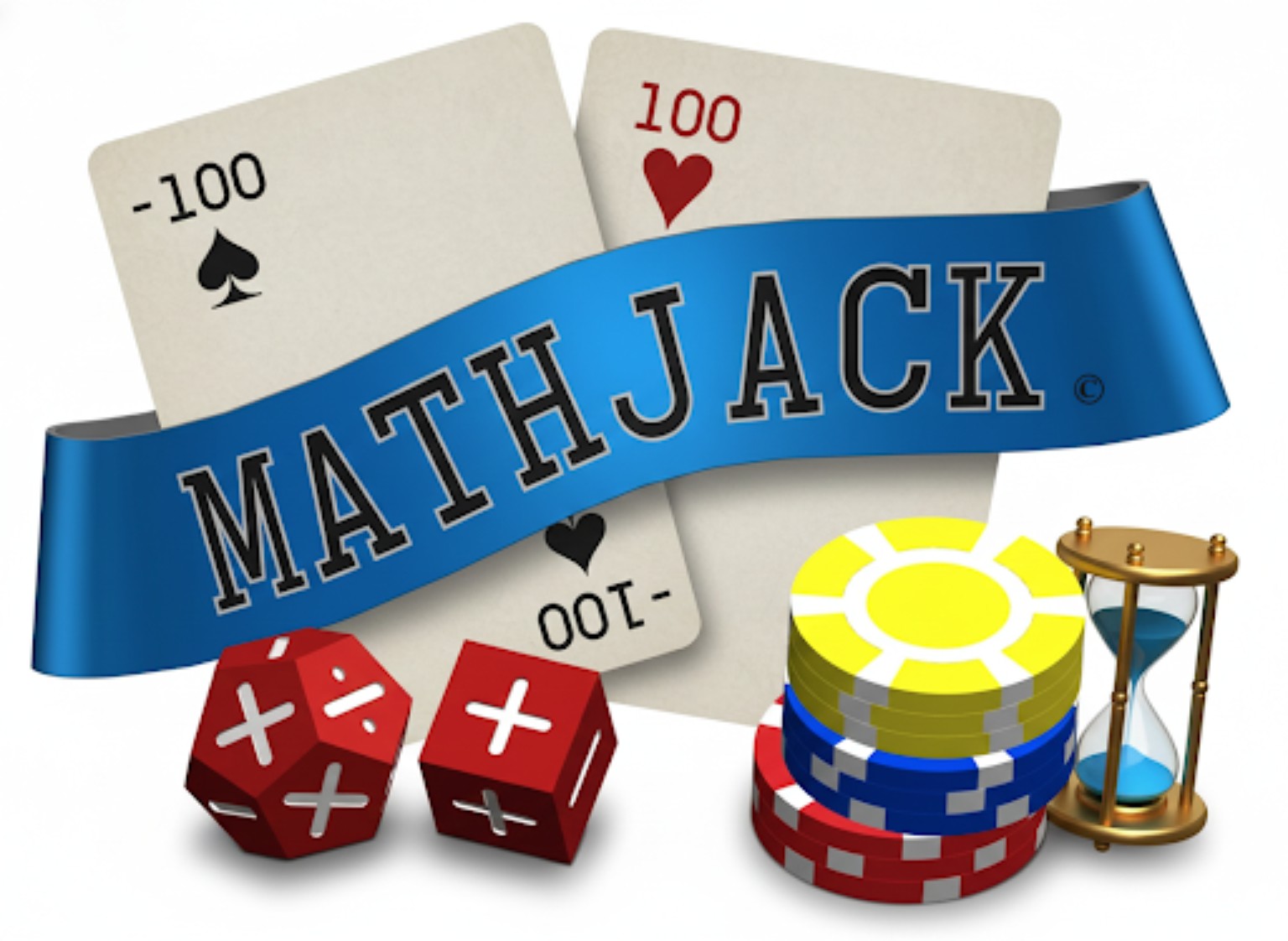 MathJack game logo with cards, dice, chips, and hourglass