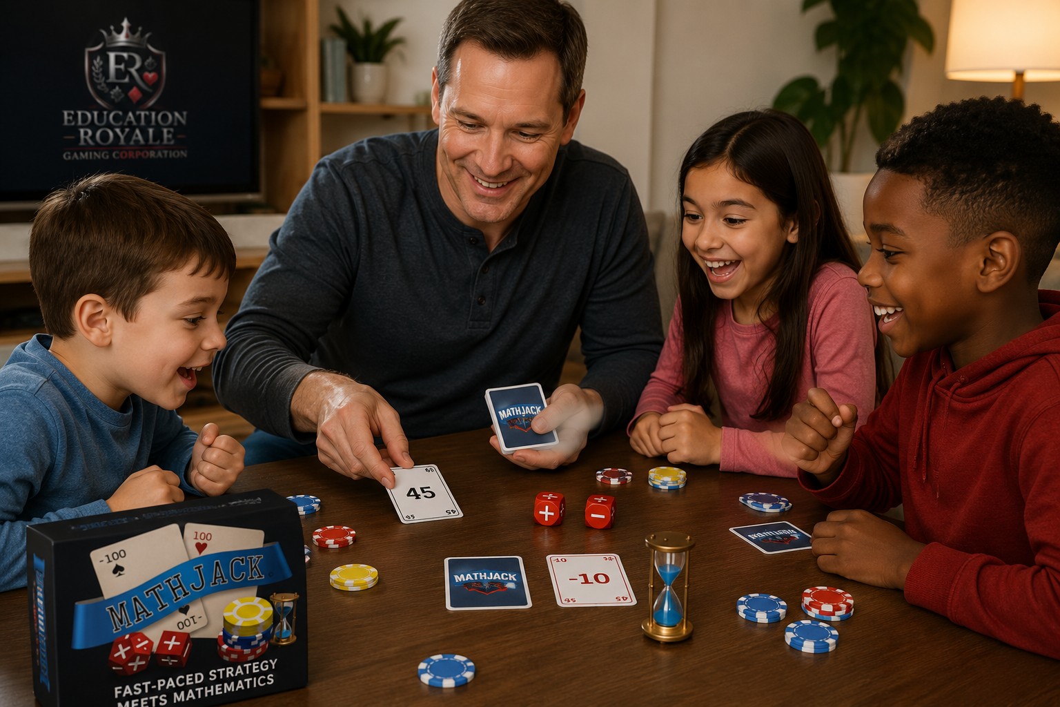 Kids playing MathJack while a parent deals cards